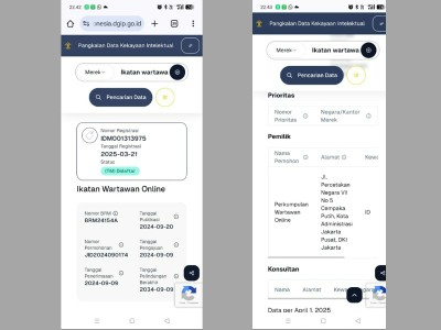 Tangkapan layar data pendaftaran merek Ikatan Wartawan Online di situs DJKI.