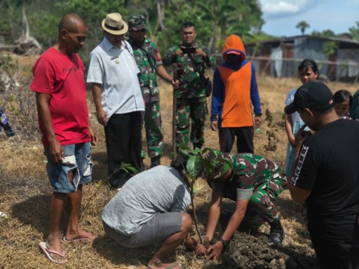 Babinsa Sidrap bersama warga menanam bibit pohon mangga dalam kegiatan penghijauan peringatan HUT TNI ke-80 di Desa Buae, Watang Pulu.