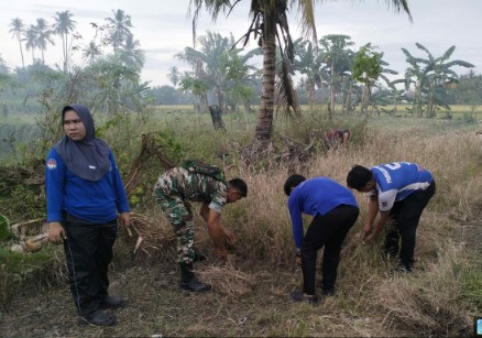 Serda Samparaja bersama warga dan siswa bergotong royong membersihkan rumput liar di Lapangan Lawali, Desa Padangloang Alau, Sidrap.