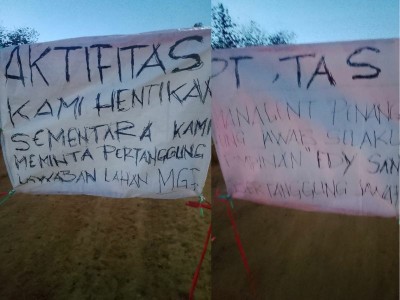 Spanduk protes warga Desa Torete menuntut pertanggungjawaban PT TAS atas aktivitas perusahaan di lahan mangrove yang dianggap melanggar dan tanpa sosialisasi terbuka.