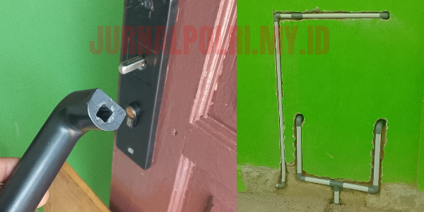 Kerusakan pegangan pintu dan fasilitas bangunan hasil revitalisasi SDI Tanapangkaya yang dipersoalkan warga karena dinilai tidak sesuai kualitas proyek.