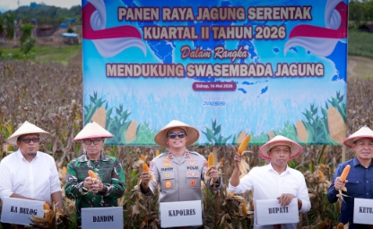 Kapolres Sidrap AKBP Fantry Taherong bersama Bupati Sidrap Syaharuddin Alrif menghadiri panen raya jagung kuartal II 2026 di Desa Mario, Kecamatan Kulo, sebagai dukungan program swasembada pangan nasional.
